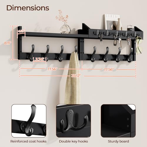 Evermagin 35" Coat Rack Wall Mount with Shelf, 4 in 1 Wall Mounted Coat and Key Hanger with 13 Hooks, Entryway Key Holder with Mail Holder for Living Room, Bedroom, Black - Image 2
