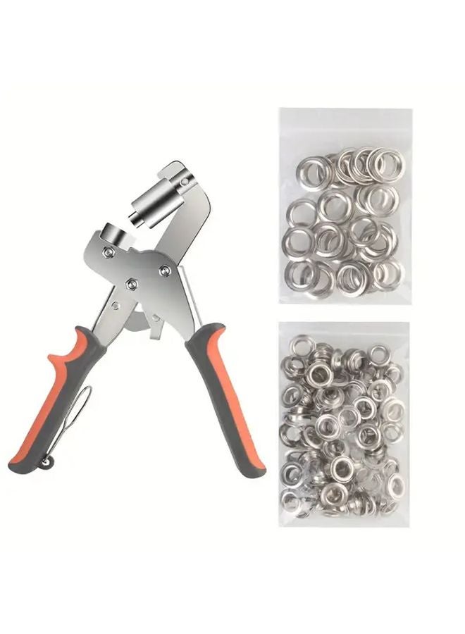 كماشة ثقب يدوية فضي للاستخدام الشاق مع 100 حاشية للجلود والخيش والأقمشة - Image 1