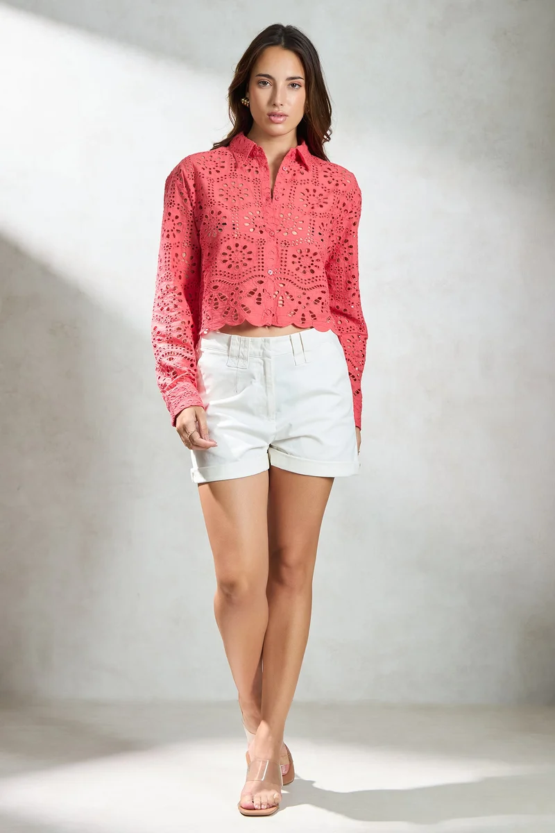 Virgio Cotton Boxy Vacation Shirts With Scallop Hem for Women