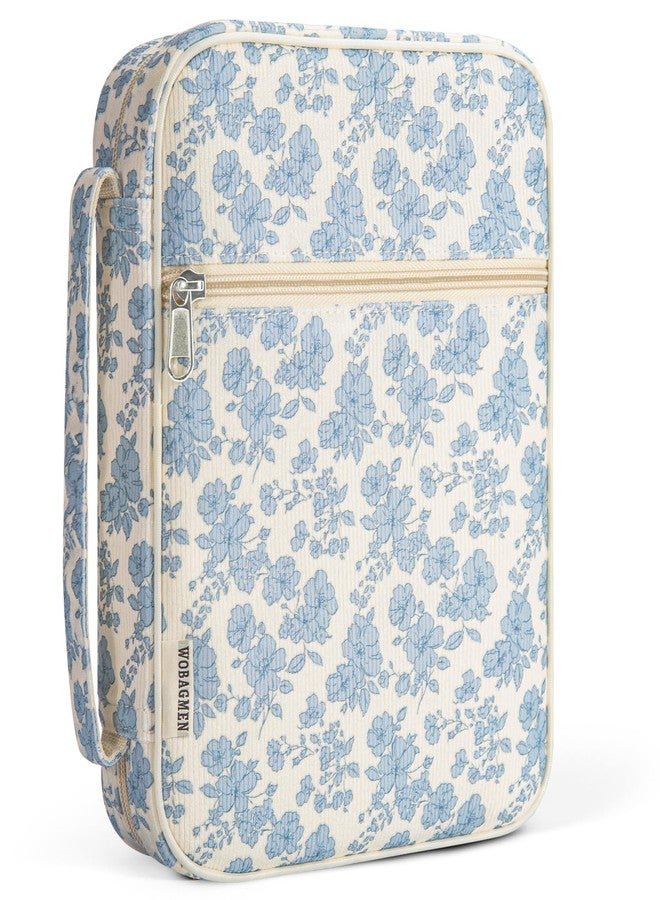 WOBAGMEN Bible Cover Case for Women,Cordoury Bible Cover with Handle,Blue Floral Bible Book Cover,Carrying Case Bible Protective Christian Gift(Cute Blue Floral, M) - Image 1