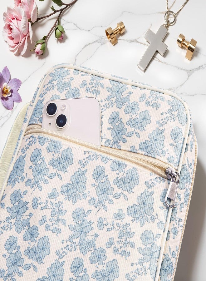 WOBAGMEN Bible Cover Case for Women,Cordoury Bible Cover with Handle,Blue Floral Bible Book Cover,Carrying Case Bible Protective Christian Gift(Cute Blue Floral, M) - Image 5