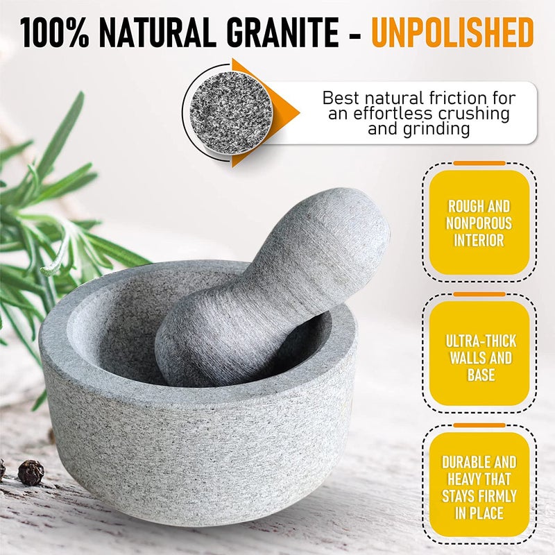 EZAHK EZAHK Granite Unpolished Stone Mortar and Pestle Set for Spices Okhli Masher Khalbatta Stone Home Decor Musal Well Design for Kitchen Home Herbs 8 inch Big Size Grey  - Image 2