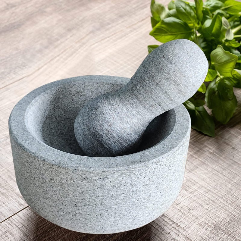 EZAHK EZAHK Granite Unpolished Stone Mortar and Pestle Set for Spices Okhli Masher Khalbatta Stone Home Decor Musal Well Design for Kitchen Home Herbs 8 inch Big Size Grey  - Image 1