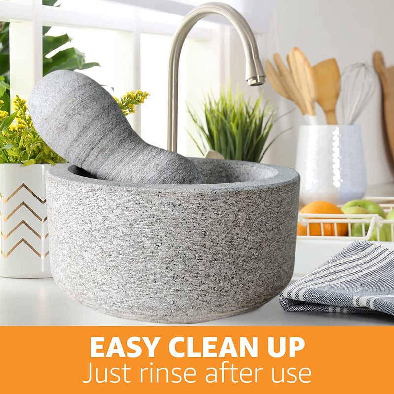 EZAHK EZAHK Granite Unpolished Stone Mortar and Pestle Set for Spices Okhli Masher Khalbatta Stone Home Decor Musal Well Design for Kitchen Home Herbs 8 inch Big Size Grey  - Image 5