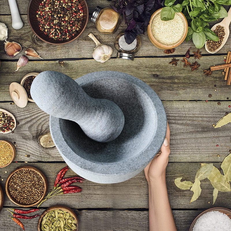 EZAHK EZAHK Granite Unpolished Stone Mortar and Pestle Set for Spices Okhli Masher Khalbatta Stone Home Decor Musal Well Design for Kitchen Home Herbs 8 inch Big Size Grey  - Image 3
