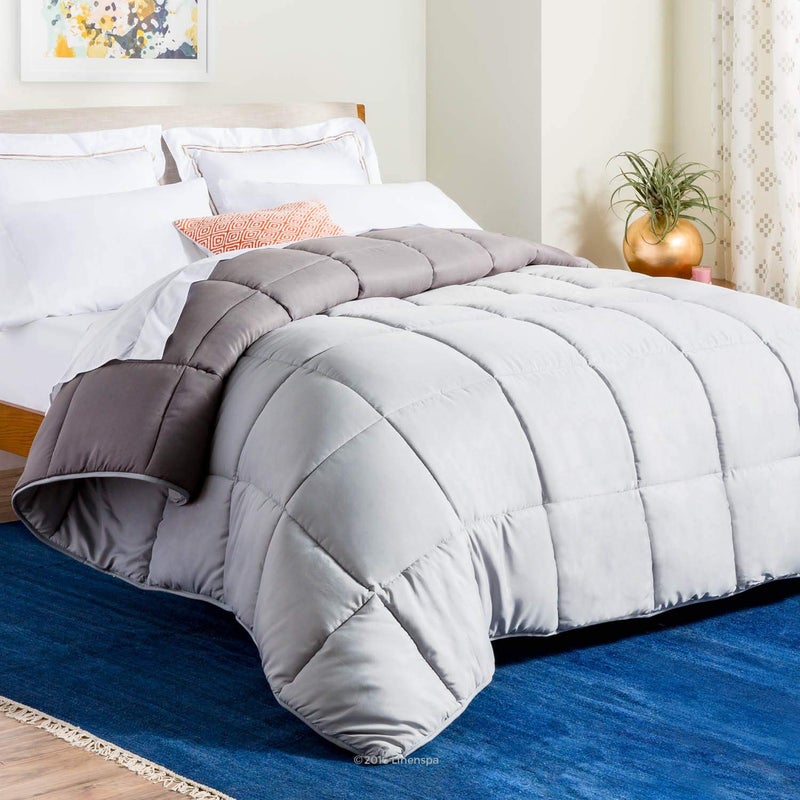 LINENSPA Linenspa Hypoallergenic Microfiber Reversible Down Alternative InsertAllSeason Comforter with Box Stitch and 8 Duvet LoopsBedding for Kids Teens and Adults  StoneCharcoalOversized King 