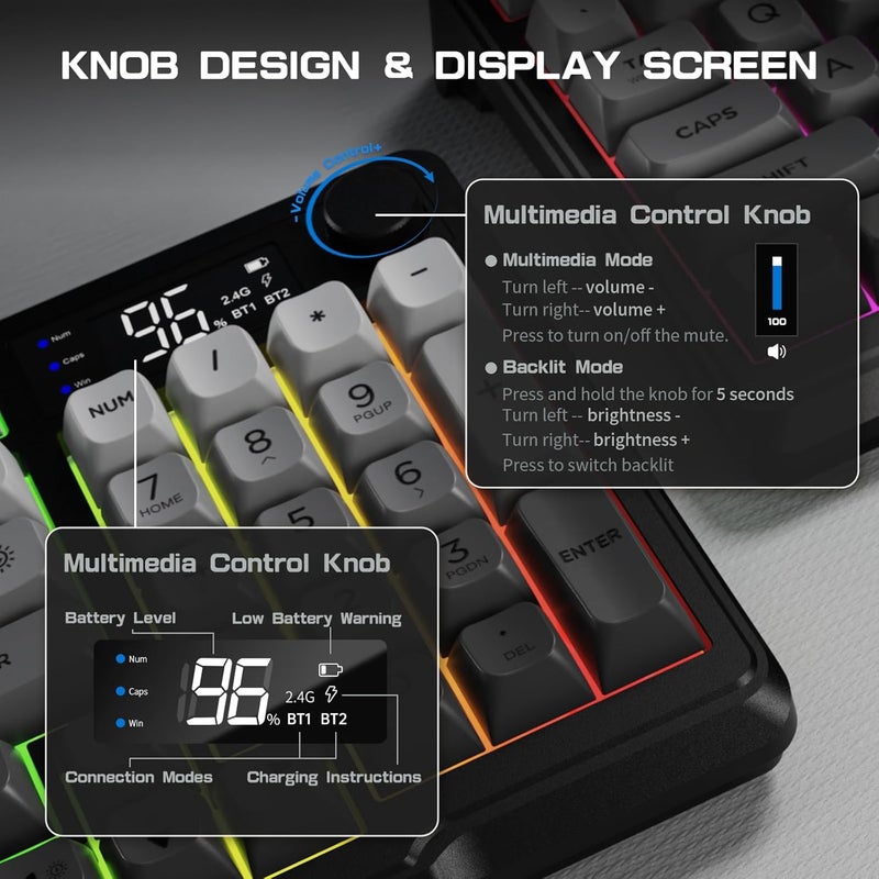 LexonElec M96 Dual Mode Wireless Gaming Keyboard with 2.4G and BT5.0, 94 Keys Membrane Semi-mechanical Gradient PBT Keycap with Smart Display and Button, Rainbow Backlit, 3000mAh for Mac/Win - Moonnight - Image 4