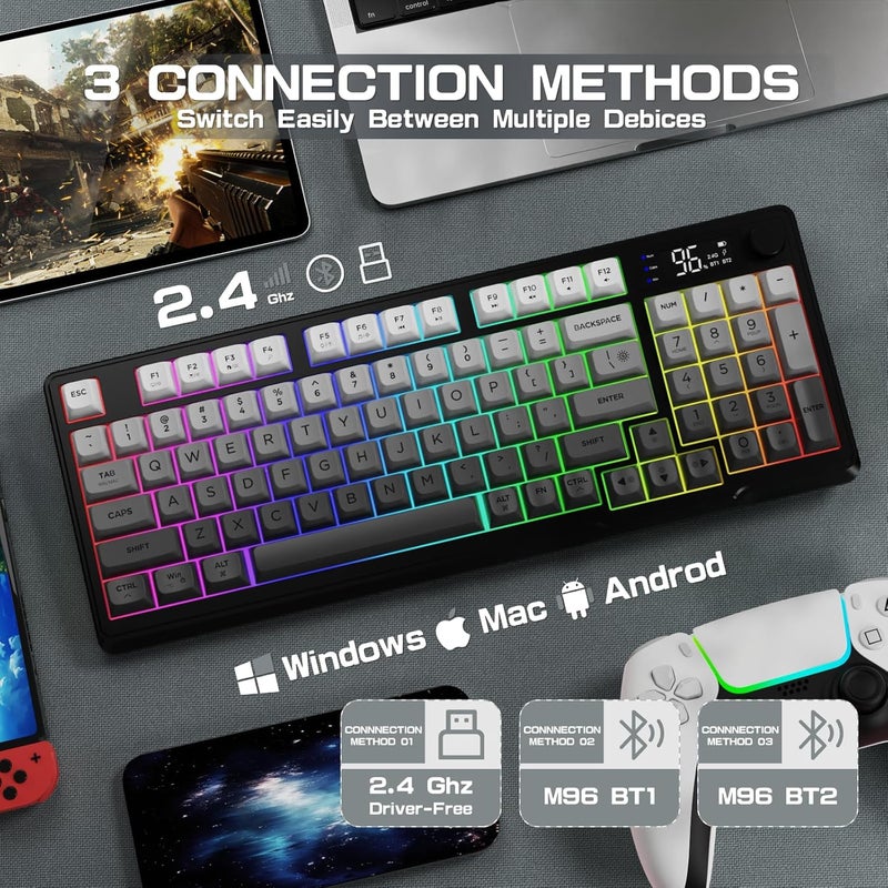 LexonElec M96 Dual Mode Wireless Gaming Keyboard with 2.4G and BT5.0, 94 Keys Membrane Semi-mechanical Gradient PBT Keycap with Smart Display and Button, Rainbow Backlit, 3000mAh for Mac/Win - Moonnight - Image 3