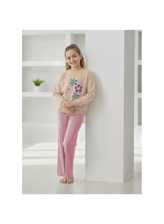 Dream Girls Cotton Pajama Set – Beige/Dustypink with “I Love Winter” Flowers Design - Image 1