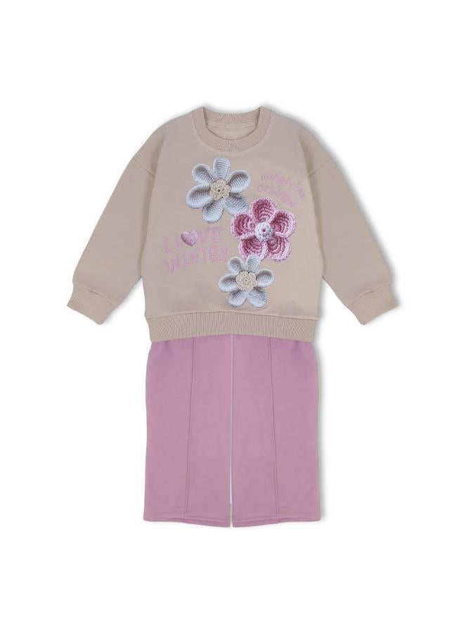 Dream Girls Cotton Pajama Set – Beige/Dustypink with “I Love Winter” Flowers Design - Image 2