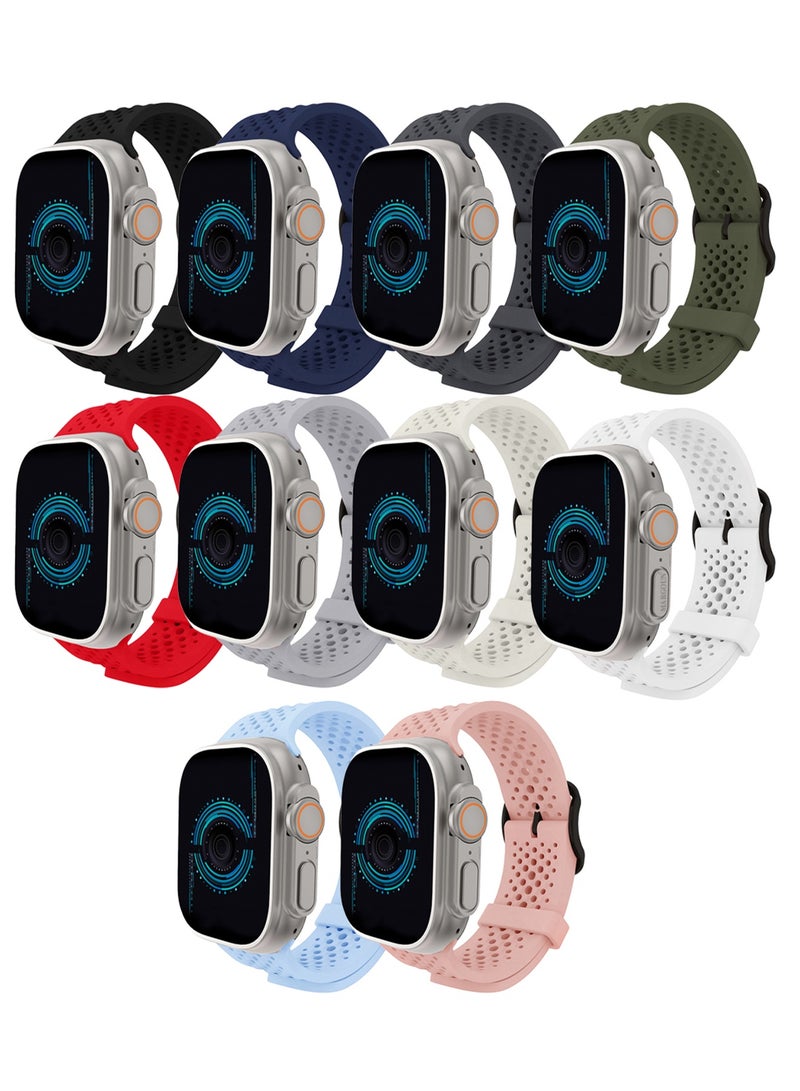 Set of 10 pcs 49mm/45mm/44mm/ Sport Silicone Watch Band Compatible with Apple Watch Series 9/8/7/6/5/4/3/2/1 & SE – Breathable Soft Strap with Buckle - Image 2