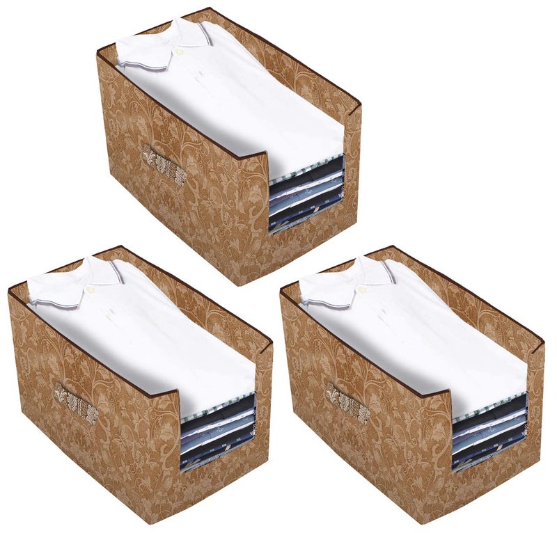 Kuber Industries Metallic Printed 3 Piece Non Woven Shirt Stacker Wardrobe Organizer Set Beige CTKTC034893 - Image 1