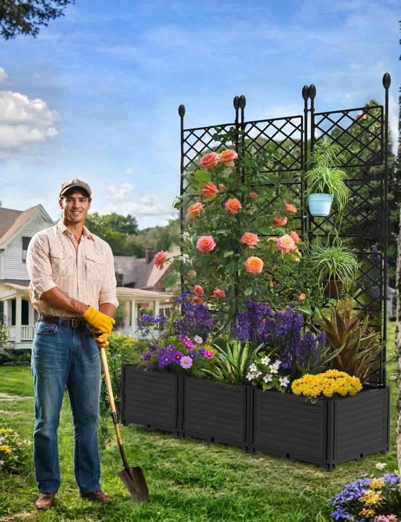 CABIHOME Planter Box with Trellis - Plastic Raised Garden Beds & Metal Trellis w/Drain Plug - Outdoor Raised Planter Box Privacy Screen for Climbing Plants, Flowers, Veggies & Fruits - Image 1