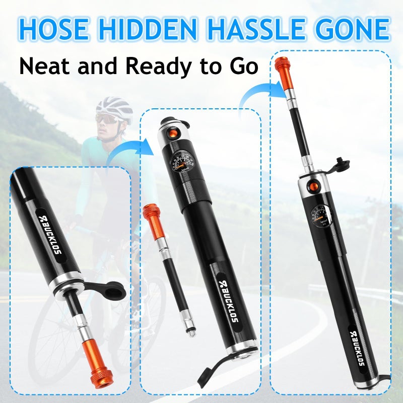 BUCKLOS Mini Bike Tire Pump with Gauge Portable Bicycle Hand Air Pump 160Psi Presta Schrader Valve Air Pressure Gauge for Mountain Bike Road Bikes Balls Handheld Accessories Tool - Image 5