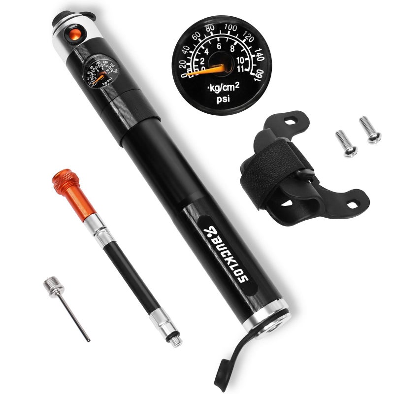 BUCKLOS Mini Bike Tire Pump with Gauge Portable Bicycle Hand Air Pump 160Psi Presta Schrader Valve Air Pressure Gauge for Mountain Bike Road Bikes Balls Handheld Accessories Tool - Image 1