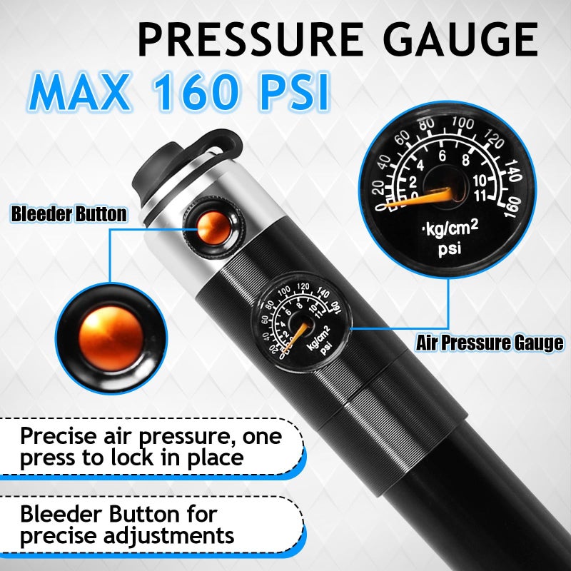 BUCKLOS Mini Bike Tire Pump with Gauge Portable Bicycle Hand Air Pump 160Psi Presta Schrader Valve Air Pressure Gauge for Mountain Bike Road Bikes Balls Handheld Accessories Tool - Image 4
