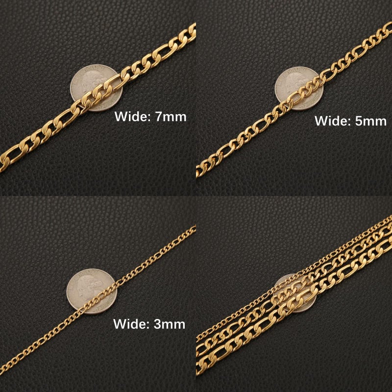 HZMAN Men Women 24k Real Gold Plated Figaro Chain Stainless Steel Necklace, Wide 3mm 5mm 7mm 9mm - Image 2