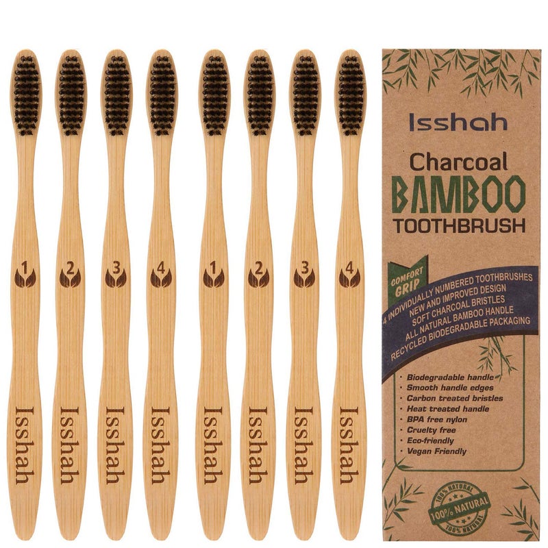 Isshah Biodegradable EcoFriendly Natural Compostable Bamboo Toothbrushes FSC Certified and PETA Approved Pack of 8