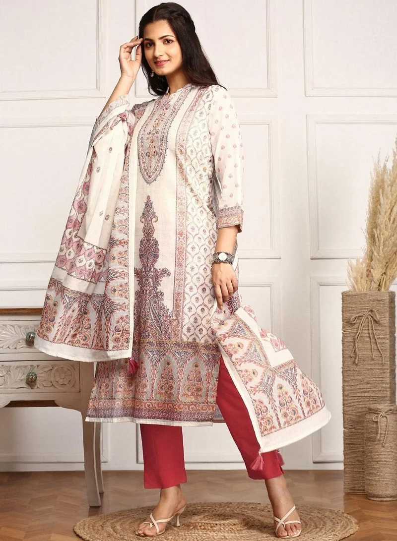 ISHIN Regular Fit Three-Quarter Sleeve Printed Multicolour Cotton Woven Kurta Set For Women Flat Collar Perfect For Wedding And Engagement Pull On Closure