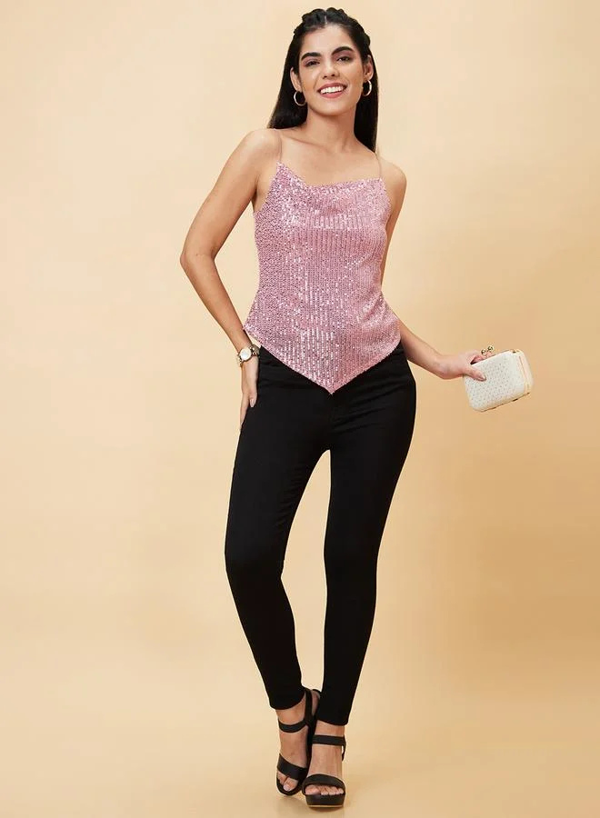 globus Women Pink Embellished Cowl Neck Strappy Top