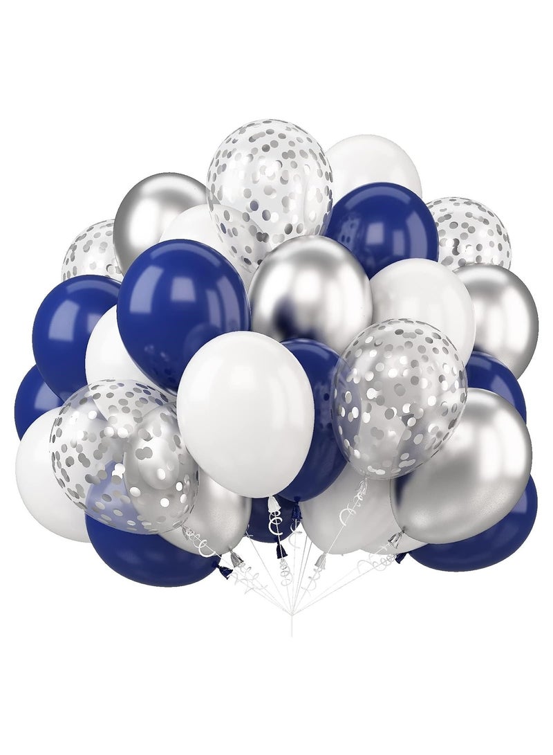 هوم زون 60 قطعة مقاس 12 انش بلون ازرق معدني وفضي وابيض مع بالونات قصاصات ورقية وبالونات لاتكس بلون كحلي وابيض وازرق وابيض لتزيين حفلات اعياد الميلاد وحفلات استقبال المولود - Image 1