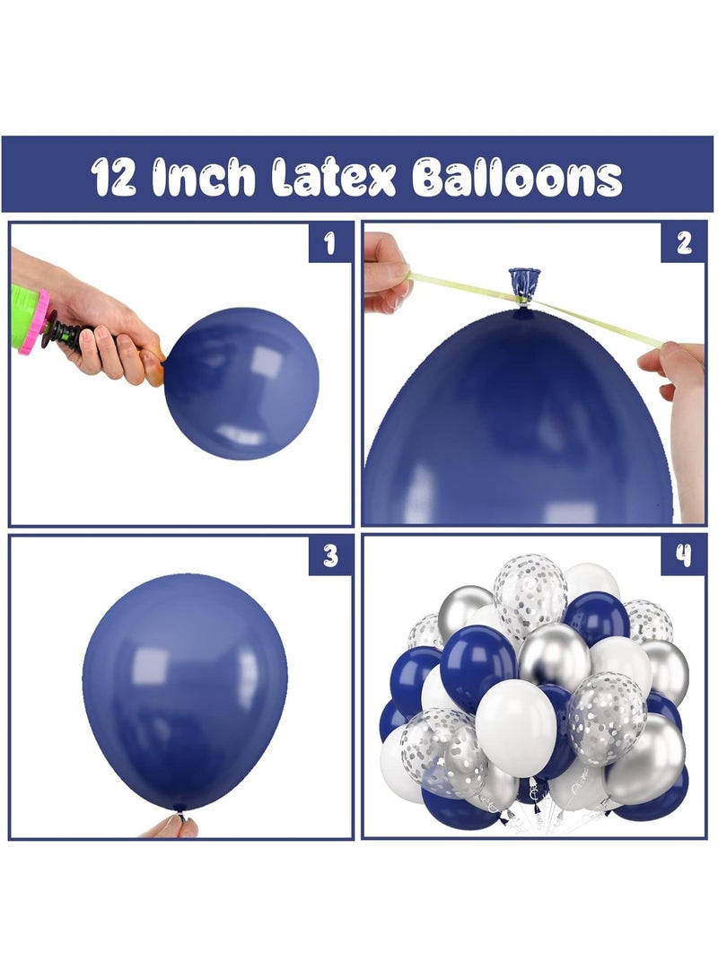 هوم زون 60 قطعة مقاس 12 انش بلون ازرق معدني وفضي وابيض مع بالونات قصاصات ورقية وبالونات لاتكس بلون كحلي وابيض وازرق وابيض لتزيين حفلات اعياد الميلاد وحفلات استقبال المولود - Image 3