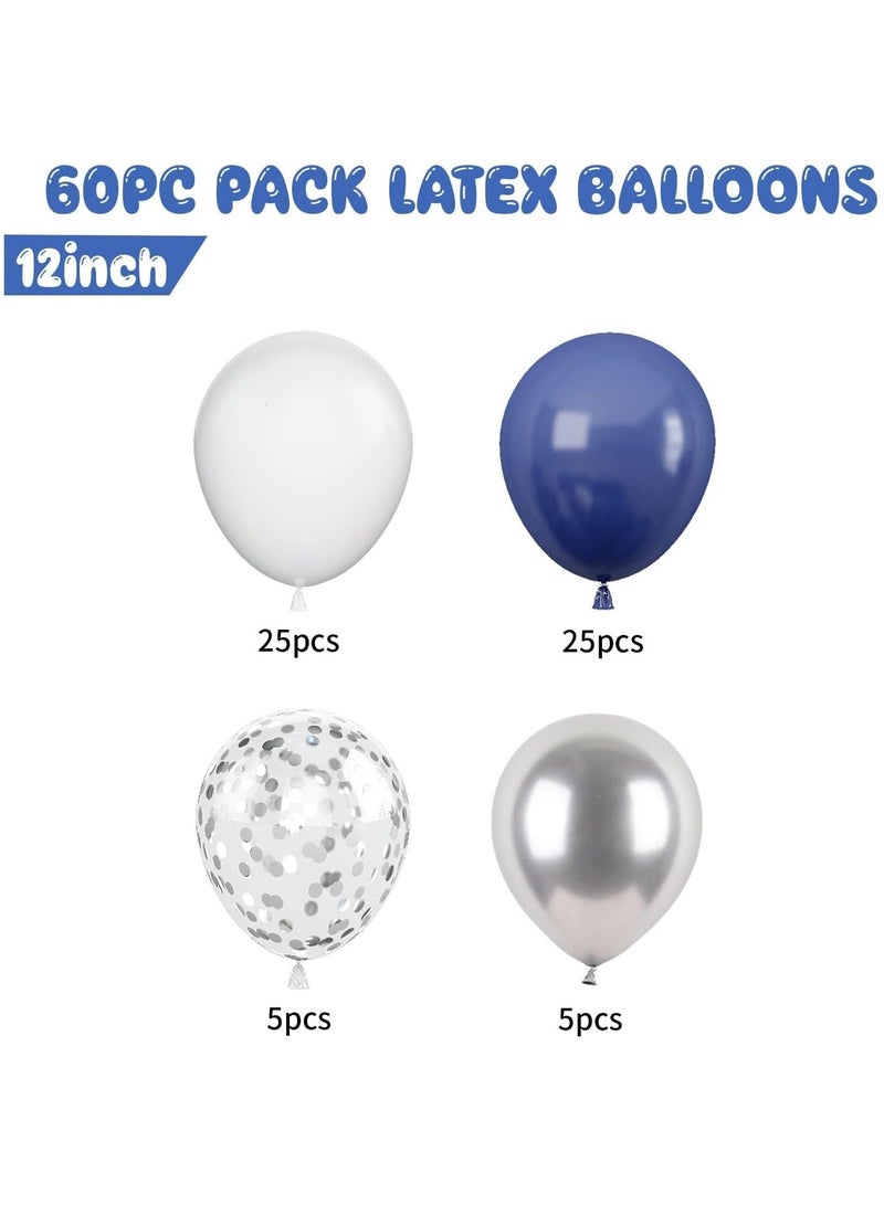 هوم زون 60 قطعة مقاس 12 انش بلون ازرق معدني وفضي وابيض مع بالونات قصاصات ورقية وبالونات لاتكس بلون كحلي وابيض وازرق وابيض لتزيين حفلات اعياد الميلاد وحفلات استقبال المولود - Image 2