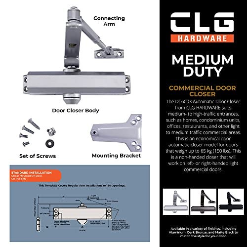 CLG HARDWARE DC6003 Medium Duty Commercial Door Closer - Surface Mounted, Automatic Door Closer, Cast Aluminum - UL 3 Hour Fire Rated, Size 3 for Residential & Light Commercial Doors - US26D Aluminum - Image 3