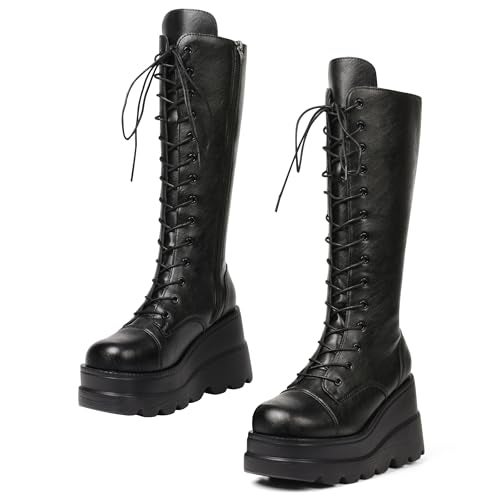 CELNEPHO Womens High Platform Mid Calf Wedges Chunky High Heel Round-Toe Side Zip Fanshion Combat Boots For Women - Image 1