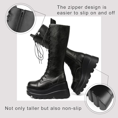 CELNEPHO Womens High Platform Mid Calf Wedges Chunky High Heel Round-Toe Side Zip Fanshion Combat Boots For Women - Image 4