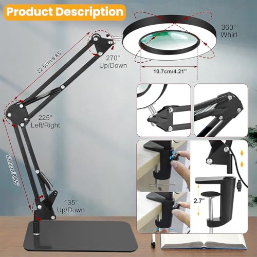 HASTHIP® 10X Magnifying Glass with Light and Stand, 2-in-1 Desk Magnifying with Light, 5 Color Modes, Brightness Stepless Dimmable LED Lighted Magnifier Hand Free Magnifier Lamp for Close Work/Reading - Image 3