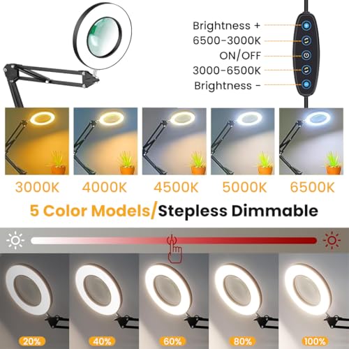 HASTHIP® 10X Magnifying Glass with Light and Stand, 2-in-1 Desk Magnifying with Light, 5 Color Modes, Brightness Stepless Dimmable LED Lighted Magnifier Hand Free Magnifier Lamp for Close Work/Reading - Image 2