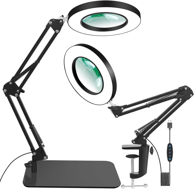 HASTHIP® 10X Magnifying Glass with Light and Stand, 2-in-1 Desk Magnifying with Light, 5 Color Modes, Brightness Stepless Dimmable LED Lighted Magnifier Hand Free Magnifier Lamp for Close Work/Reading - Image 1