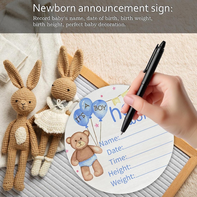 Al Raied ARS® Birth Announcement Sign Hello World Baby Name Wood Blue Bear Theme - Image 5