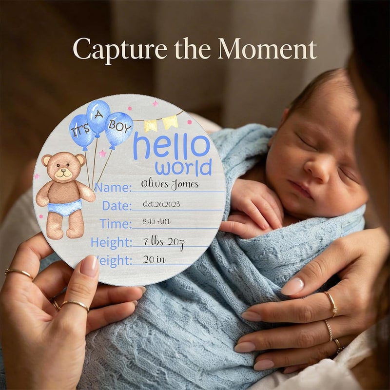 Al Raied ARS® Birth Announcement Sign Hello World Baby Name Wood Blue Bear Theme - Image 2