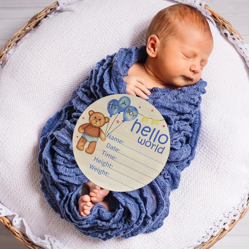 Al Raied ARS® Birth Announcement Sign Hello World Baby Name Wood Blue Bear Theme - Image 3