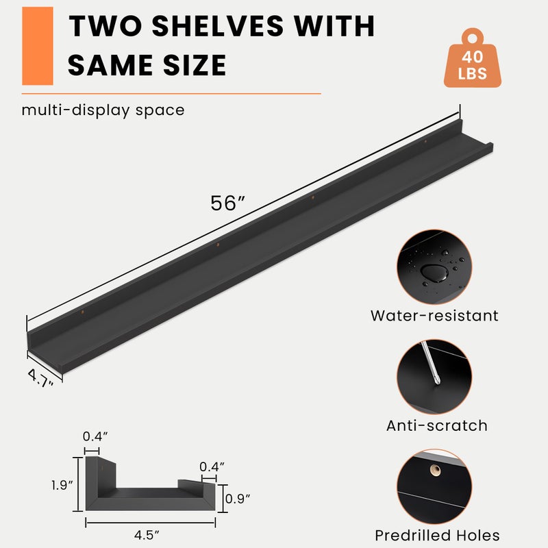 Heimlove Picture Ledge Shelf, Floating Shelves Set of 2, 56 Inches Picture Shelf for Wall with Ledge, Kids Bookshelf Wall Mounted for Living Room Bedroom Decor Books Photo Frames, Black - Image 5
