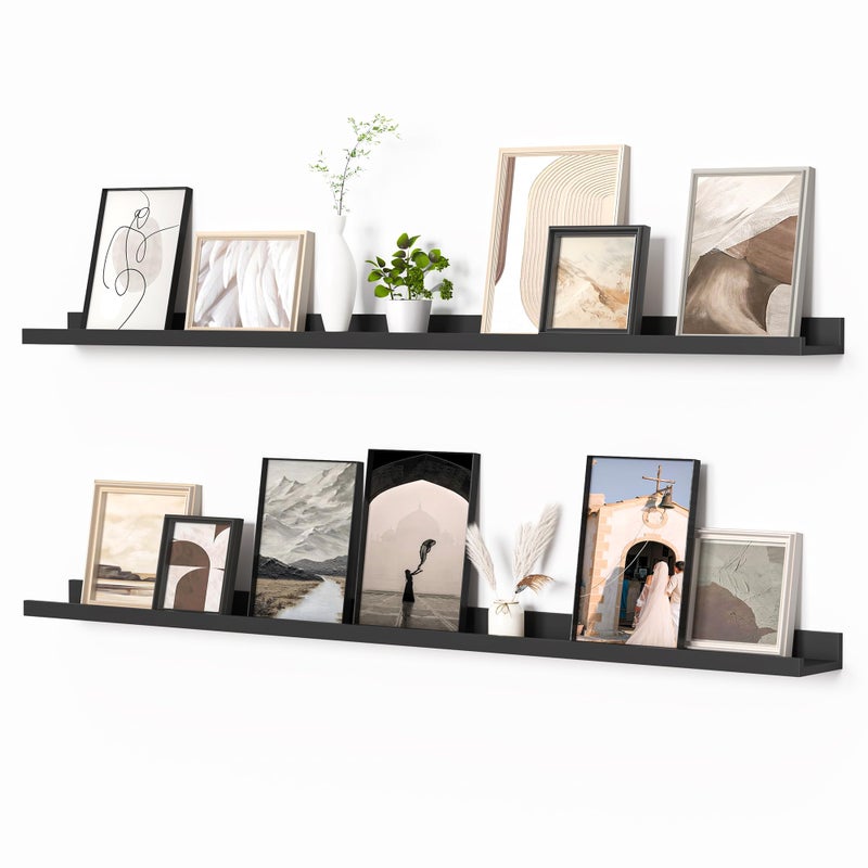 Heimlove Picture Ledge Shelf, Floating Shelves Set of 2, 56 Inches Picture Shelf for Wall with Ledge, Kids Bookshelf Wall Mounted for Living Room Bedroom Decor Books Photo Frames, Black - Image 1