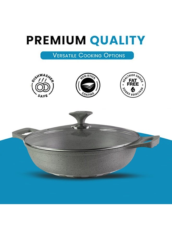 RK ROYAL KITCHEN Cresta Non Stick Wok 28 cm – 5 Pcs Grey Marble Coated Diecast Karahi Set with Nylon Spoons & Pot Holder, Tempered Glass Lids, Food Grade, Stylish Design, Durable, Dishwasher Safe, Bio Plus System, Energy Efficient  - Image 2