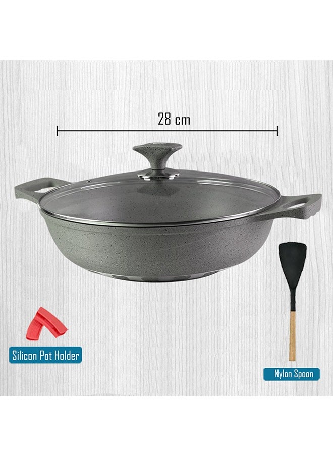 RK ROYAL KITCHEN Cresta Non Stick Wok 28 cm – 5 Pcs Grey Marble Coated Diecast Karahi Set with Nylon Spoons & Pot Holder, Tempered Glass Lids, Food Grade, Stylish Design, Durable, Dishwasher Safe, Bio Plus System, Energy Efficient  - Image 4