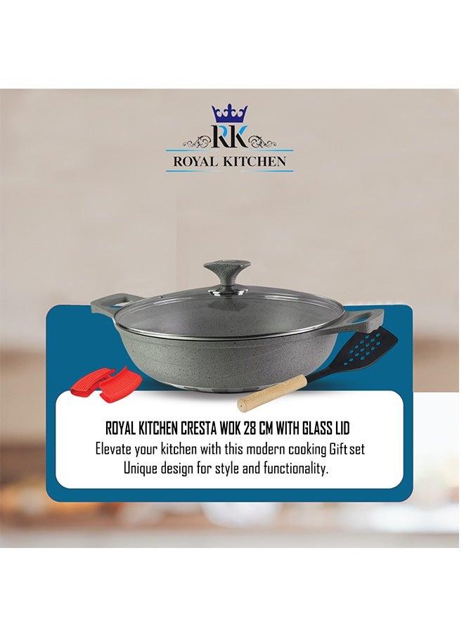 RK ROYAL KITCHEN Cresta Non Stick Wok 28 cm – 5 Pcs Grey Marble Coated Diecast Karahi Set with Nylon Spoons & Pot Holder, Tempered Glass Lids, Food Grade, Stylish Design, Durable, Dishwasher Safe, Bio Plus System, Energy Efficient  - Image 5