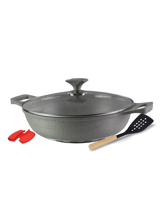RK ROYAL KITCHEN Cresta Non Stick Wok 28 cm – 5 Pcs Grey Marble Coated Diecast Karahi Set with Nylon Spoons & Pot Holder, Tempered Glass Lids, Food Grade, Stylish Design, Durable, Dishwasher Safe, Bio Plus System, Energy Efficient  - Image 1