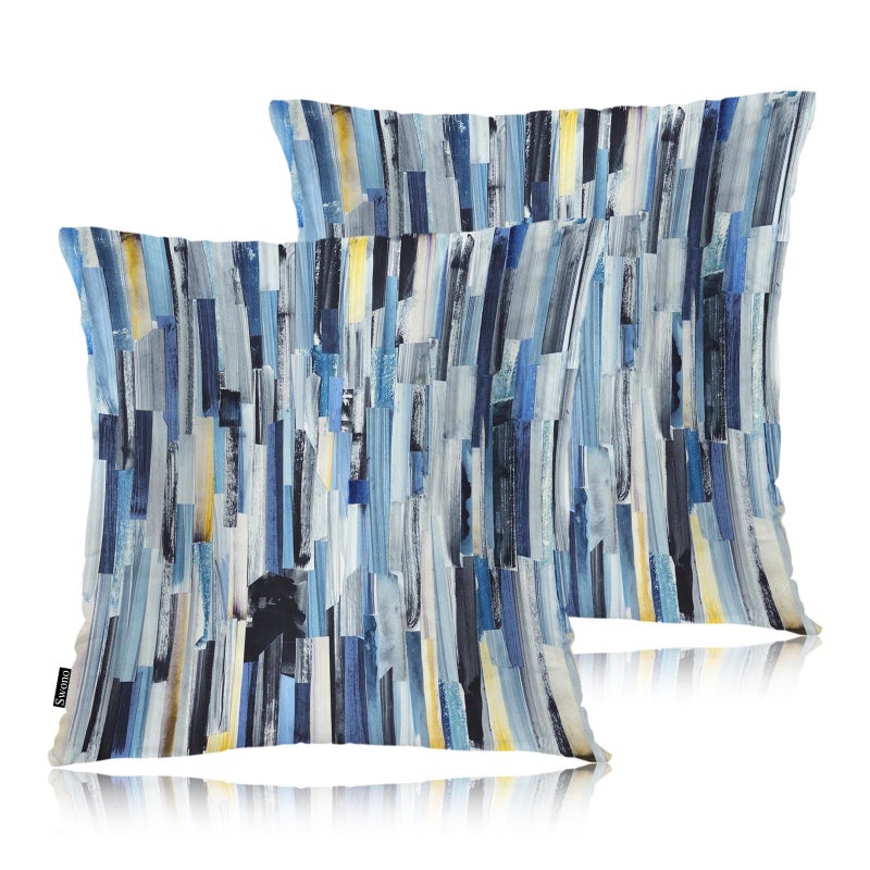 Swono Abstract Art Cozy Pillowcase Cushion Cover, Modern Watercolor Stripes Teals Decorative Throw Pillows Covers Outdoor Pillow Case for Home Office Dorm Sofa Picnic Car 18" X 18" 2 Pack, Blue - Image 1