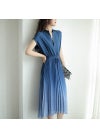 Generic Elegant Slimming Dress For Women 2024 Summer New Style Ruffles Gradient Color Medium-length Elastic Waist Sleeveless Vestido Blue 