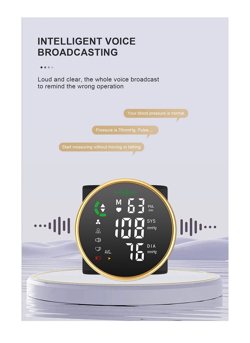 REALBLAD - Wrist-Type Blood Pressure Monitor with Intelligence Voice Broadcasting and Dual User Memory – Easy-to-Use with Comprehensive LED Screen and Durable Lithium Battery (GOLD & WHITE) - Image 1