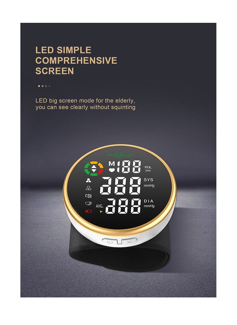 REALBLAD - Wrist-Type Blood Pressure Monitor with Intelligence Voice Broadcasting and Dual User Memory – Easy-to-Use with Comprehensive LED Screen and Durable Lithium Battery (GOLD & WHITE) - Image 1
