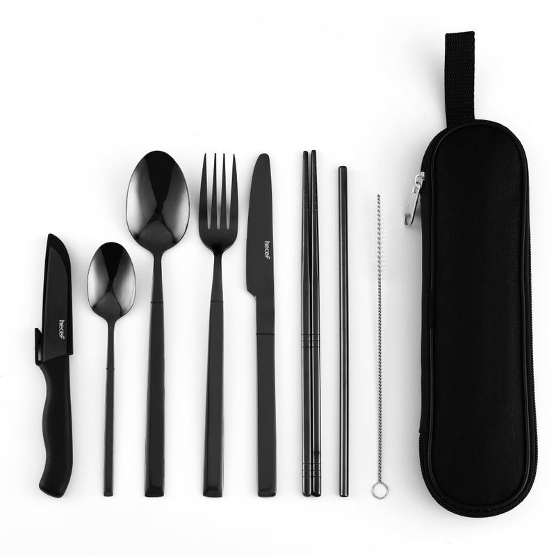 Elevate Your Outdoor Experience with Hecef Travel Cutlery Set  Portable Camping Flatware Set for 1 Durable 180 Stainless Steel  Chic Carry Case Black