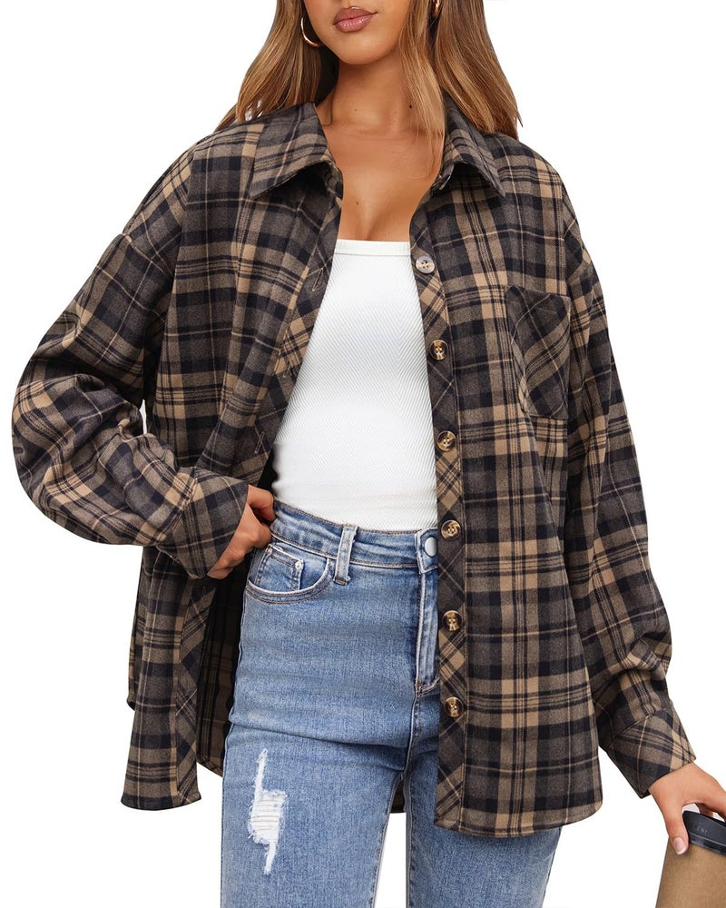 CHYRII Womens Fashion Fall Flannel Plaid Button Down Long Sleeve Shirts Shackets Casual Blouses Tops Black+Yellow XL - Image 1