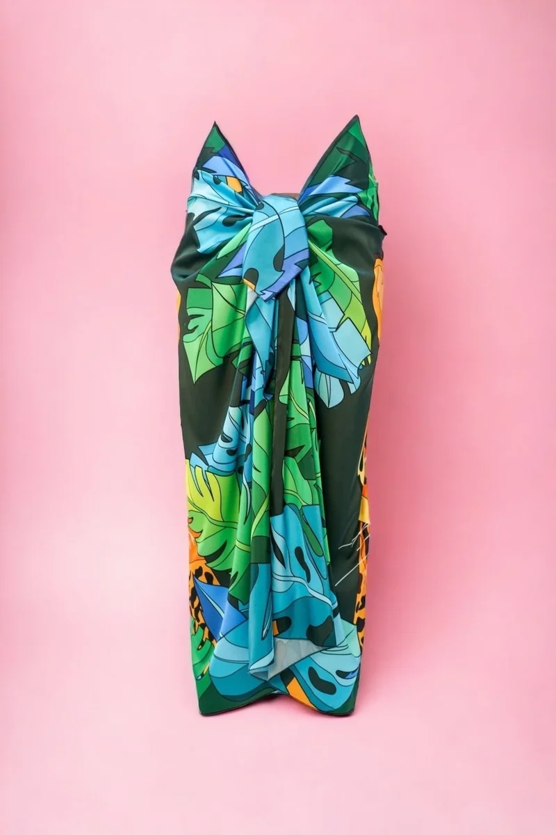Pistore Special Green Tiger Patterned Long Pareo Satin Women's Beach Dress New Season