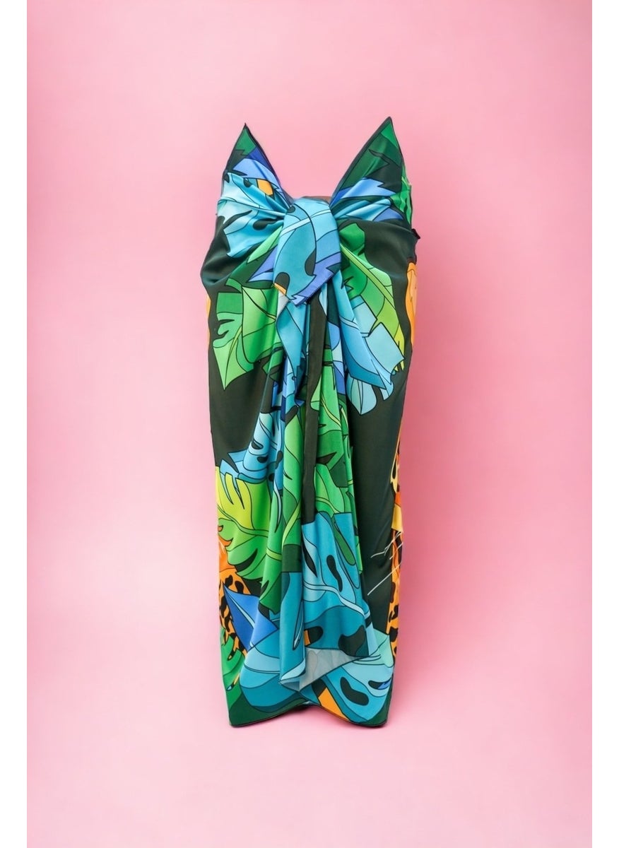 Pistore Special Green Tiger Patterned Long Pareo Satin Women's Beach Dress New Season  - Image 3